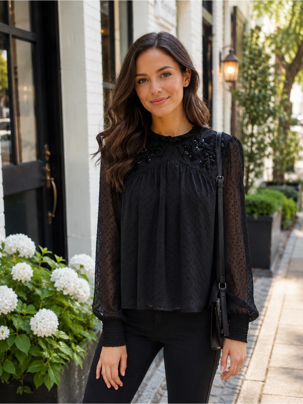 Zara Trafaluc Beaded Swiss Dot Blouse Black Sheer Smocked Cuffs Size S
